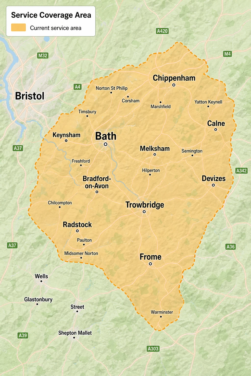 Map of the Somerset and West Wiltshire areas Abney & Baker covers, including Bath, Melksham, Trowbridge, Chippenham, Frome, Devizes, Bradford-on-Avon and surrounding towns